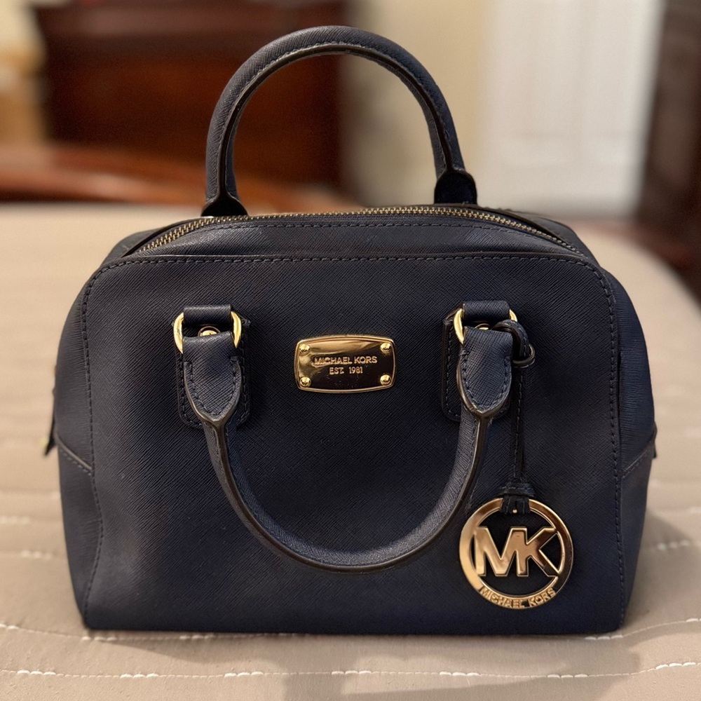 Michael Kors Dark Blue Satchel with Gold Accents